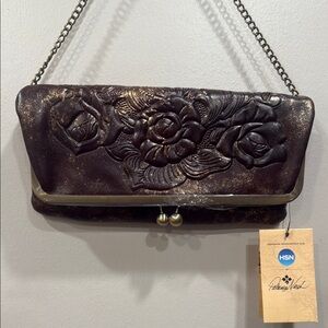 PATRICIA NASH Handbag BOSA Framed  Merlot Leather Embossed Fold Over Clutch .